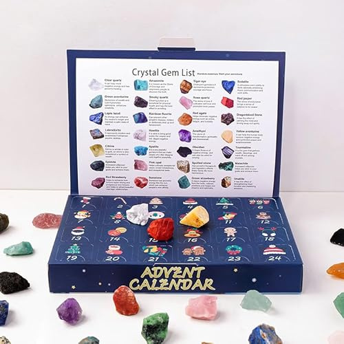 ycyincheng Calendario de Adviento de Navidad, caja ciega de muestras minerales de cristal natural de 24 días, kit educativo de geología, regalo de cuenta regresiva de Navidad (cristales crudos)