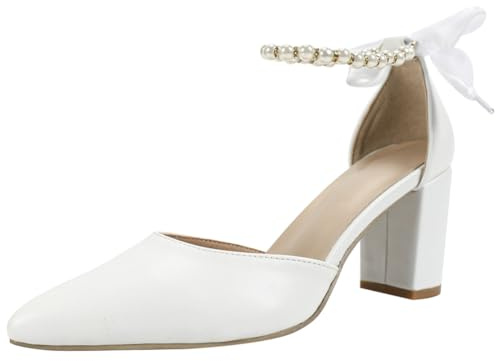 Tacones De Boda Mujer Zapatos De Novia Tacón Ancho Tira En Tobillo Punta Fina Zapatos Elegantes para Novia para Recepción Sandalias Formales para Noche,Blanca,38 EU