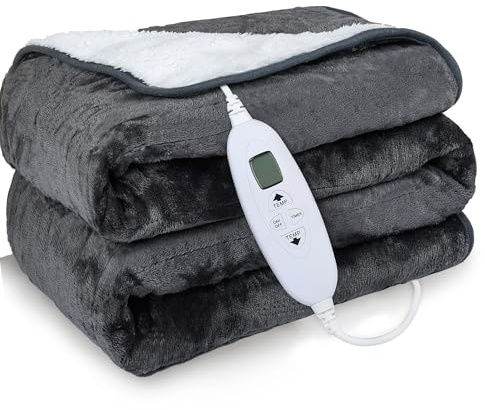 Sunkissoon Heated Throw Electric Blanket, 160 x 120cm Heat Blanket Single with 4 Heat Settings, 4H Timer Auto off,Heated Throw for Sofa and Bed (Grey, 160 * 120CM)