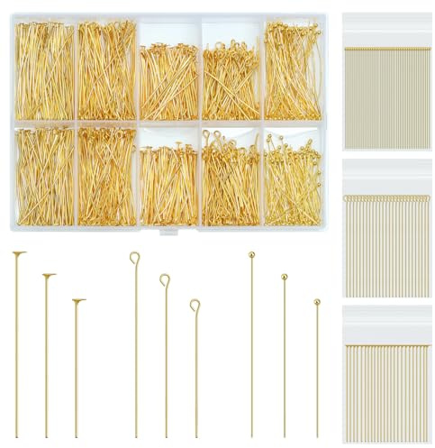 Prettme 1080 Stück Schmuckherstellung Gold Augenstifte Flachkopfstifte Kugelkopfstifte 30/40/50mm,Metall-Ösen, Verschiedene Kopfstifte für Ohrringe Anhänger Perlen Schmuck DIY