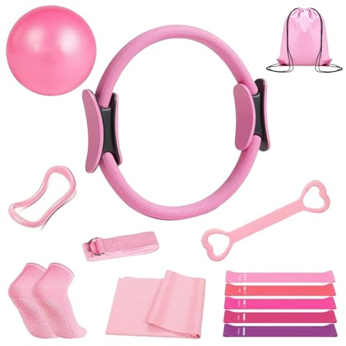 KINDLUME Kit Pilates, Ring Pilates, Set Fitness 13 Pezzi con Superficie Texturizzata Antiscivolo, Include Palla Esercizi e 5 Bande Resistenza, per Allenamento Casa, Workout Studio, Fitness Viaggio