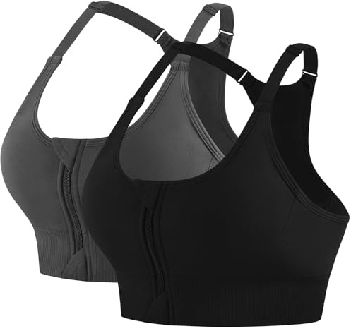 QXURkut 2 Pack Zip Up Sports Bras for Women, Racerback Adjustable Straps