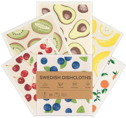 Polly Online Swedish Dishcloths for Kitchen,6 Pack Cloth Paper Towels Reusable Washable,Super Absorbent Dish Towels,No Odor,Biodegradable,Fruit Design