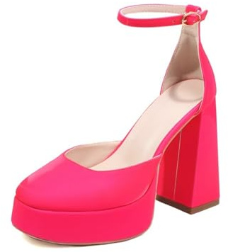Générique Femmes Bout Carré Satin Chaussures De Mariée Talon Bloc Plateforme Chaussures De Robe De Mariage Brides À La Cheville Escarpins De Soirée De Bal De Fête avec Boucle,Fuchsia,37 EU
