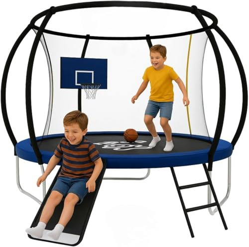 JumPop® Trampolines para Niños en 183/244/305cm con Tobogán de Regalo + Canasta y Pelota de Basket | Camas Elásticas para Niños Exteriores con Vídeo QR incluído de Montaje (305 x 305cm)