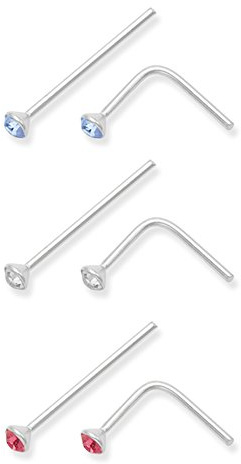 Pack of 6 Sterling Silver Cubic Zirconia Nose studs - Bend to fit - SIZE: TINY - 1.5mm - Single studs - no butterfly back. 5510CZ/LB/PCZ. Gift boxed