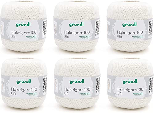 Gründl Wolle Häkelngarn 100 - dünne sommerliche Wolle zum Häkeln - Glänzend und waschbar - Baumwollgarn - 100 % Baumwolle - 6 Knäuel 100 g / 566 m - Nadelstärke 1,5 - 2, creme