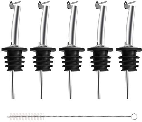 Incutex 5x vertedores de botellas y 1x cepillo de limpieza, boquillas aceite in acero inoxidable con tapón antigoteo, vertedor dosificador aceite, vino, vinagre