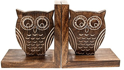 The Fair Trade Store Buchstützen aus Mangoholz, handgeschnitzt, Eulen-Design