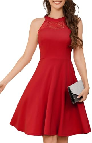 Bbonlinedress cocktailklänning, damklänning, eleganta aftonklänningar, klänningar rockabilly retro vintage, halterneck klänning, sommarklänning, festklänning, 01-röd, L