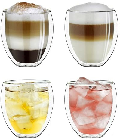 Creano Set 4 Bicchieri Termici Doppia Parete 250ml – Vetro Borosilicato Resistente, Mantiene Caldo e Freddo, Ideale per Caffè, Tè, Latte– Lavabile in Lavastoviglie