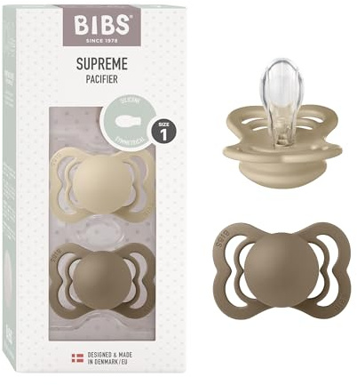 BIBS Supreme Dummies 2-Pack, BPA Free Dummy Pacifier, Silicone Symmetrical Nipple Soother, Size 1 (0-6 Months), Vanilla/Dark Oak