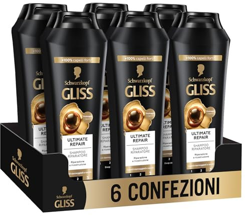 Schwarzkopf Gliss Ultimate Repair Shampoo Riparatore, 6 confezioni da 250ml, Shampoo con Keratina Liquida ed Estratto di Perla Nera, Trattamento alla Cheratina per capelli danneggiati e secchi