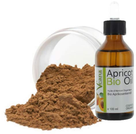 Mineral MakeUp (9 g) + olio di noccioli di albicocca bio premium (100 ml), certificato DE-Öko – MakeUp, tutti i tipi di pelle, senza additivi, senza conservanti, colore beige scuro