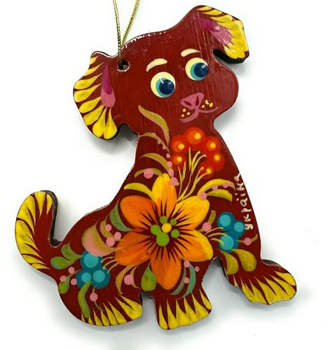 Handgemachter Christbaumschmuck Hund Holzfiguren für Christbaum Beidseitig Handbemalt Ukrainische Petrykiwka-Malerei Tiereliebhaber