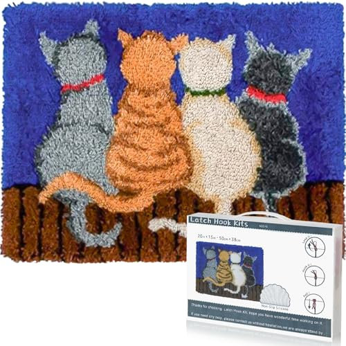 EsLuker.ly Katze Knüpfteppich für Kinder und Erwachsene zum Selber Knüpfen, DIY Knüpfsets Kreuzstich Teppich Set mit Werkzeug Latch Hook Kit Child Rug Animal, 50x38cm