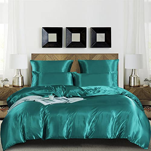 Damier Juego de ropa de cama de satén, 200 x 220 cm, color turquesa brillante, liso, juego de 3 piezas, funda nórdica con cremallera y 2 fundas de almohada de 80 x 80 cm