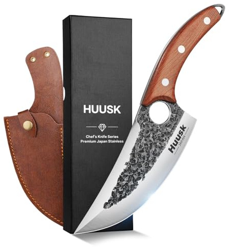 Huusk Knife Japan Kitchen Upgraded Viking Knives with Sheath, Hand Forged Butcher Knife for Meat Cutting, Japanese Cooking Chef Knives, Sharp Meat Cleaver for Outdoor Camping, BBQ, Gift for Men