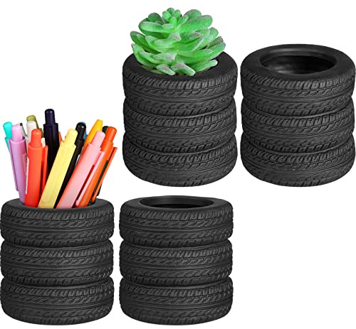 Crtiin 4 Pcs Tire Shaped Pen Holder Car Tire Planter Holder for Men Mechanic Gift Desk Office Home School Accessories Decor Christmas Novelty Funny Supplies Cactus Succulent Planter Pot