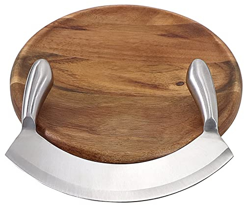 ROQILA 8.7 Inch Mezzaluna Knife With Wood Cutting Board - Stainless Steel Salad Chopper Rocker Pizza Cutter Rocker Knife Curved Blade Sharp Blade Double Handle Fruit Vegetable Mincing Knife