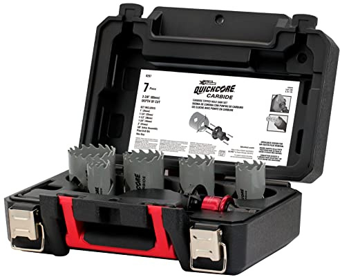 Disston QUICKCORE 7pc Carbide Tipped Hole Saw Set (1, 1 1/4, 1 1/2, 1 3/4, 2, Arbor & Pilot Bit) 10X Faster CORE Ejection Quick Change E0100297