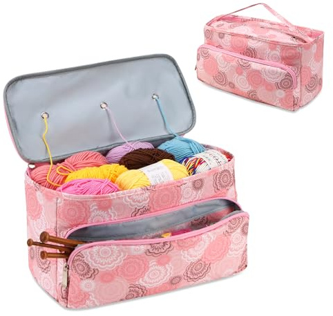 JOZEA Häkeltasche, Garn Lagerung Veranstalter Tangle Free mit 3 Ösen, Stricken Projekt Tasche und Totes Veranstalter große Handwerk liefert Tasche（Pink）