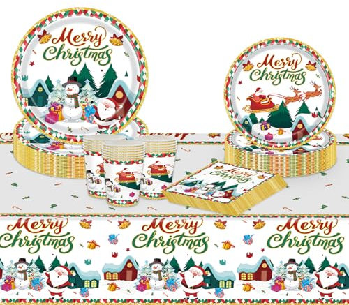 Topways Juego de vajilla de decoración de fiesta de Navidad, 16 invitados, servilletas de papel desechables para fiestas, platos, vasos, mantel para suministros de fiesta de Navidad (muñeco de nieve)