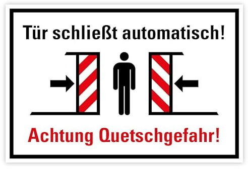 Aufkleber Schild „Tür schließt automatisch! Achtung Quetschgefahr“ Warnung Schiebetür Betriebsbeschilderung | Größe wählbar, Größen Name: 15x10cm