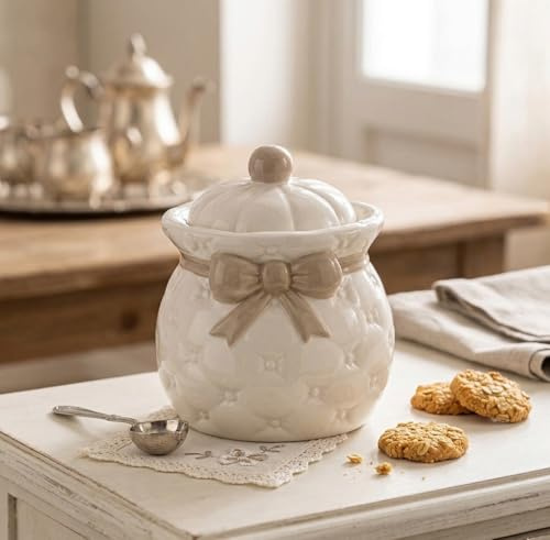 Barattolo in ceramica elegante bianco e tortora decorato coll. fiocco 22005FT