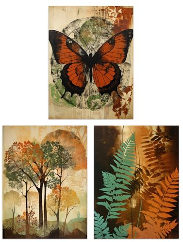 Artery8 Set of 3 Prints Vintage Botanical Art Tree Fern Butterfly Pack of 3 A4 Poster Living Room Wall Art Prints