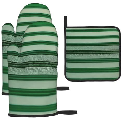 Set di 3 guanti da forno a righe verdi e presine, resistenti al calore, guanti da forno per cucina, barbecue, regali di cottura