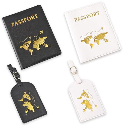 QTTRPCU 4 Stücke Reisepasshülle, Passport Cover mit Kofferanhänger, Passport Holder PU Leather für Kreditkarten, Ausweis und Reisedokumente