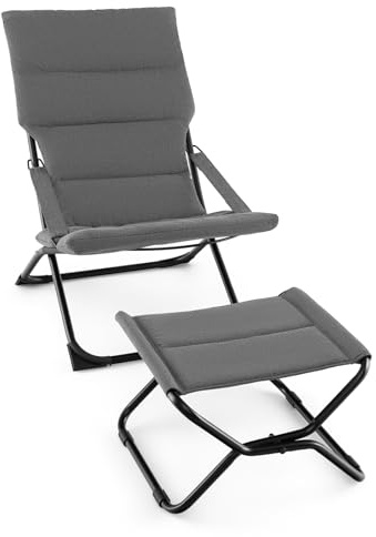 COSTWAY Klappbarer Liegestuhl mit Fußhocker, Sonnenliege mit abnehmbaren Kissen & hoher Rückenlehne, gepolsterte Gartenliege für Garten, Terrasse, Hinterhof, Grau