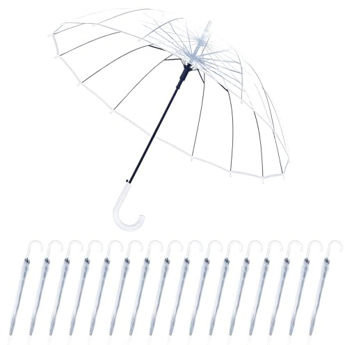 Kvittra 16 Pack Clear Wedding Umbrellas, Bulk Transparent Auto Open Stick Umbrellas, Waterproof Large Canopy Umbrella with White J Hook Handle for Wedding Bride Groom Photography Golf Outdoor