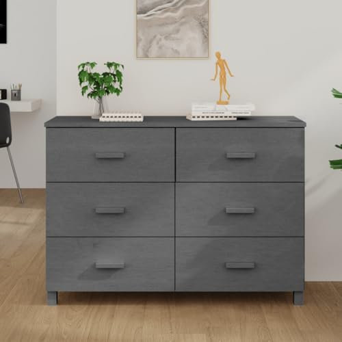 Willood Sideboard mit 6 Schubladen Kommode Anrichte Schrank Beistellschrank Mehrzweckschrank Standschrank HAMAR Dunkelgrau 113x40x80 cm Massivholz Kiefer
