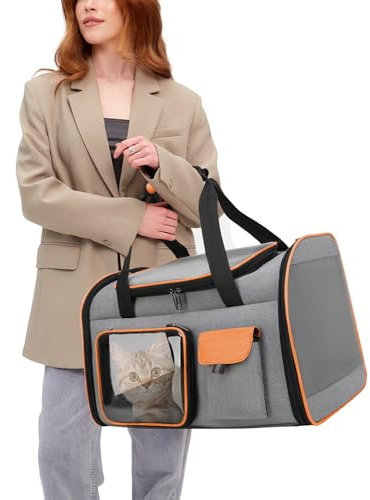 PETCUTE Transporttasche Katze,Faltbar Katzentransportbox mit Abnehmbarem Plüschkissen,Atmungsaktiv Haustiertragetasche mit mit Sicherheitsgurt,Transportbox für Haustiere Mittel Kleine Hund Katze