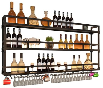 WXZXWXZX Weinregal Wand Metall Flaschenregal Wine Rack Weinschrank Schmal Barschrank mit Weinglashalter Weinständer Weinflaschenhalter Getränke Regal Mini Bar für Esszimmer Home Bar Küche(Black,3LAYE