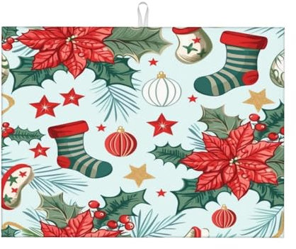 Esterilla De Fregadero Elementos De Hojas De Acebo De Navidad Alfombrillas para Fregadero Secado Rápido Tapete Escurridor Lavable Alfombrilla Secado para Sartenes Taza Cocina 41X46Cm