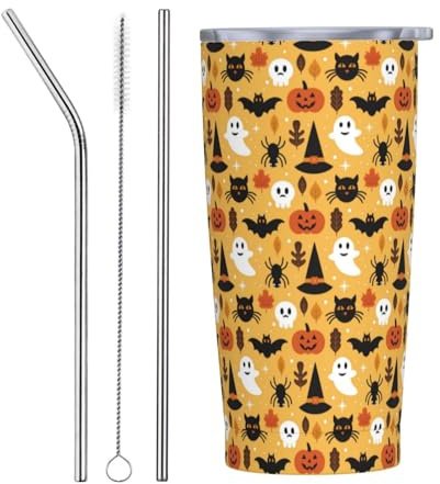 VOSERY Botella de agua de 20 onzas con tapa y popote, vaso aislado de calabaza fantasma de Halloween, vasos de acero inoxidable, taza de café de viaje, vaso personalizado