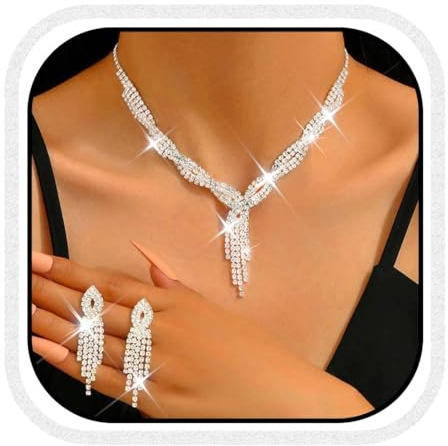 Fashband Silberne Braut-Halskette, Quaste, Ohrringe, Set, Brautschmuck, Hochzeit, Schmuck-Set, Strass, Abschlussball, Kostüm-Halsketten für Frauen