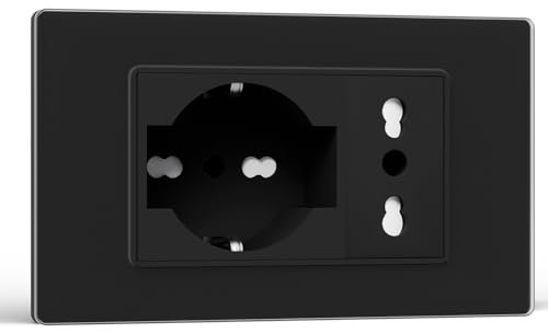 BSEED Presa Schuko e Presa Italiana, Prese Elettriche da Muro 10A/16A, Schuko con Pannello di Vetro, Presa Bipassa 118mm Nero