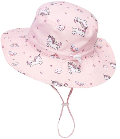 Bebe Sombrero Sol Gorro Verano Proteccion UPF 50 Gorro Pescador Playa con Correa Ajustable para Niña Niños 12-24 Meses,Unicornio