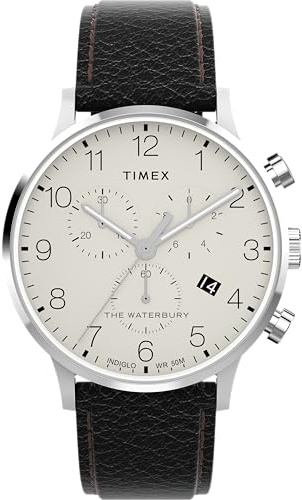 Timex Waterbury Herren-Armbanduhr, 40 mm, schwarzes Lederarmband, cremefarbenes Zifferblatt, Edelstahlgehäuse TW2Y29400