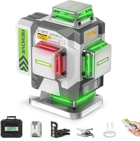Huepar Pro Self-Leveling 4 x 360° Green Red Laser Level Tool for Construction - High Accuracy, 8000mAh Rechargeable Li-ion Battery, Remote Controller & Hard Carry Case