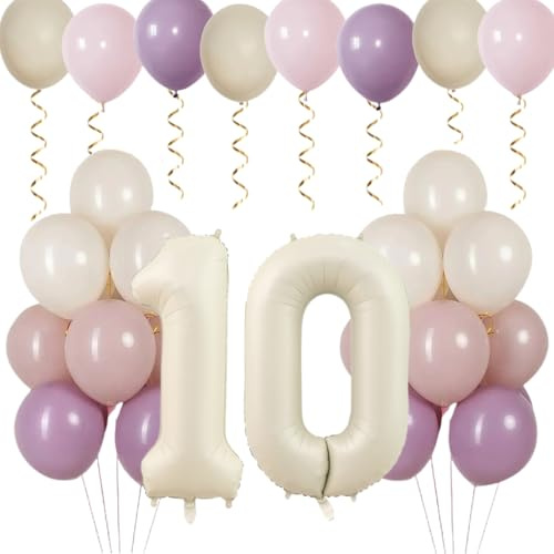 Anlgdi Weiße Luftballon 10, 24 Stück 12 Zoll Latex Ballons, Ballon 10. Geburtstag Deko Junge, Geburtstagsdeko 10 Jahre Kinder, Folienballon Zahlen 10, Lila Helium Ballon für 10. Geburtstag Party Deko