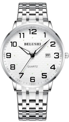 Gosasa Easy-to-Read Quartz Watch for Seniors, Large Numerals, Calendar, 30m Water Resistance, Luminous,Women's Men's Stainless Steel Wrist Watch (Luminous Silver, Women)