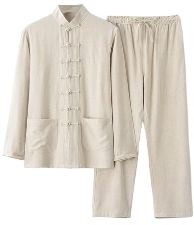 Chemise en lin pour homme Style chinois Tenue en lin Chemises + Pantalon en lin 2 pièces Kungfu Tenue Hommes Tai Chi Vêtements Respirant Costume Kungfu Coupe droite, kaki, 4XL