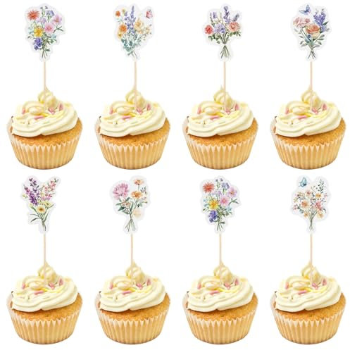 BOXOB 40pcs Floral Cupcake Toppers, 7 Designs Wildflower Birthday Party Decorations Beautiful Flower Cake Decoration Baby Shower Wedding Engagement Party Centerpiece for Celebration