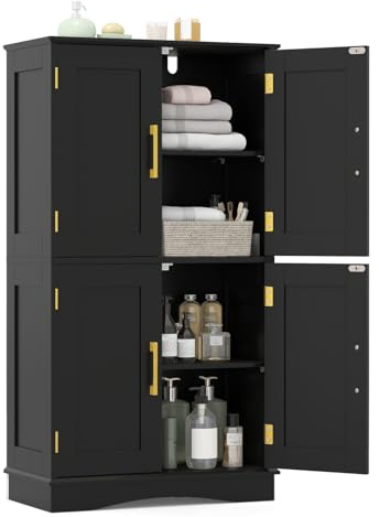 COSTWAY Küchenschrank aus Holz, Vorratsschrank Küche, Buffetschrank mit 4 Türen & 2 verstellbaren Regalen, Aufbewahrungsschrank freistehend für Wohnzimmer, Esszimmer, 60 x 30 x 110cm (Schwarz)