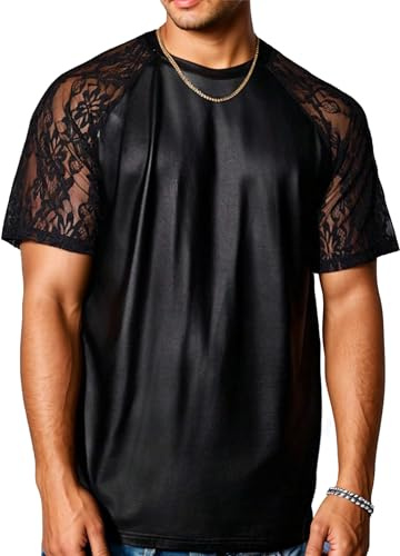 AIEOE Men's Patent Leather Patchwork Lace Loose Fit T Shirt Black Short Sleeve Mesh Disco Party Top